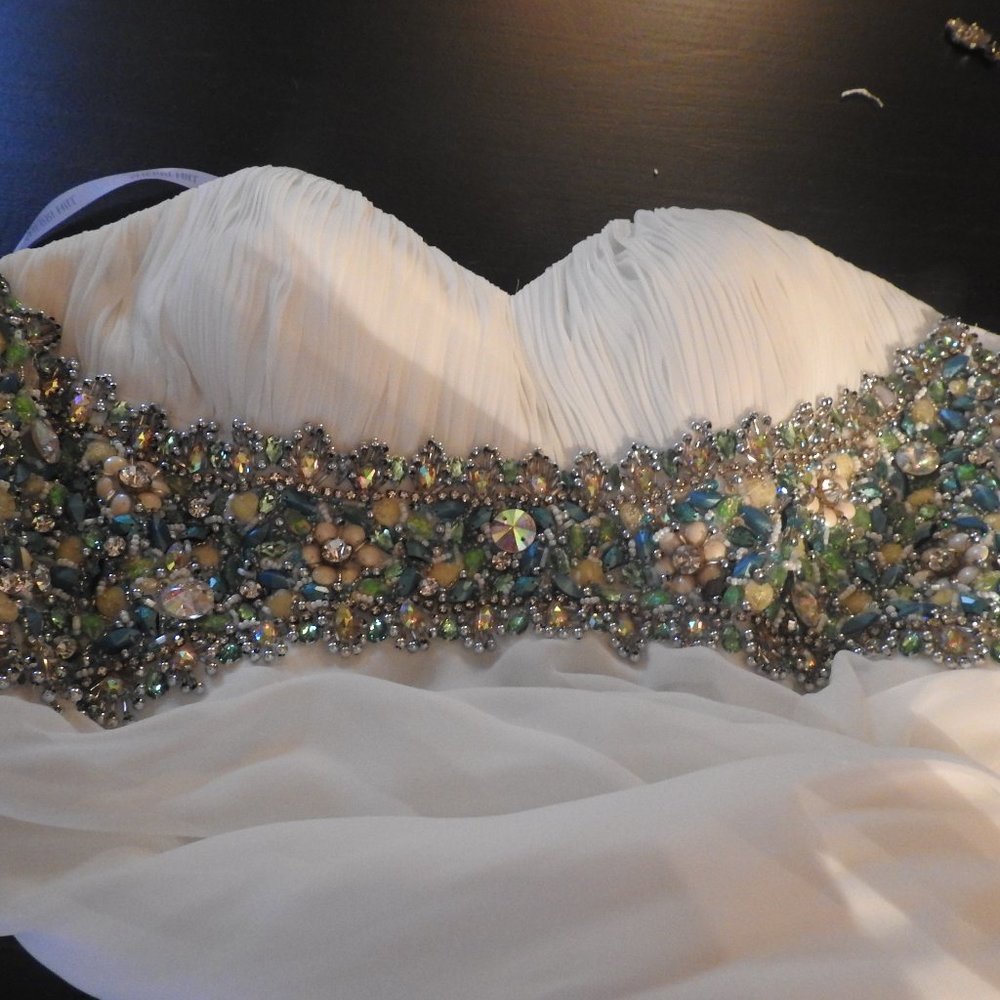 White Sherri Hill Jewel Encrusted Gown teal silver - Picture 8 of 15